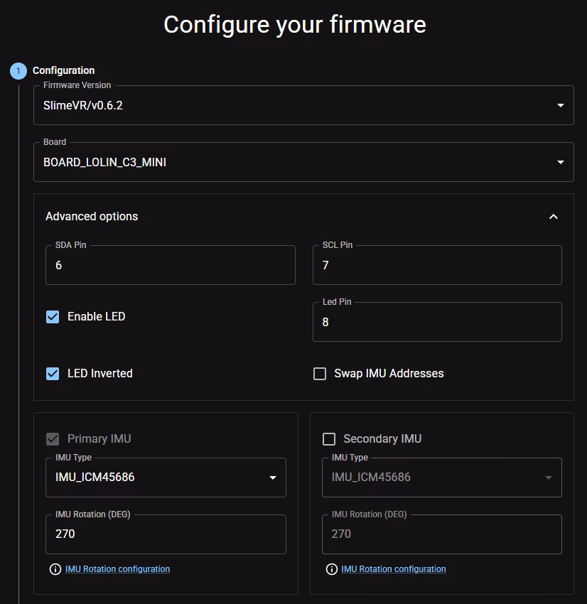 SlimeVR online flasher board selection and pin configuration
